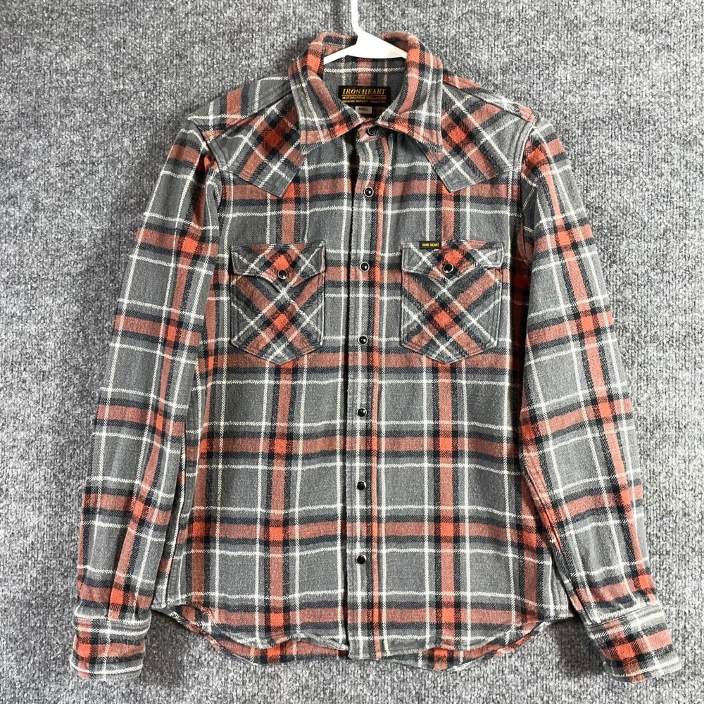 Iron Heart Shirt Mens S Grey Heavy Flannel Plaid Pearl Snap Motorcycle Biker